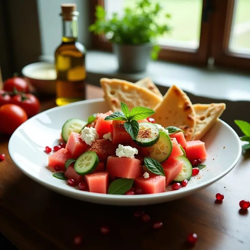 Fattoush de Sandía y Queso Feta Vegano: Receta Libanesa Refrescante con Granos de Granadilla