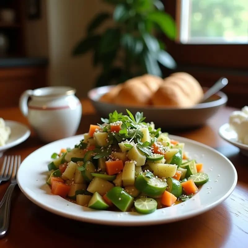 Ensalada Fattoush de grano de trigo verde y granadas en un plato blanco hondo, con crisps de pan de pita dorados, semillas de granada rojas brillantes y hierbas frescas esparcidas. La vinagreta brilla bajo la luz, resaltando los colores vibrantes de los vegetales.