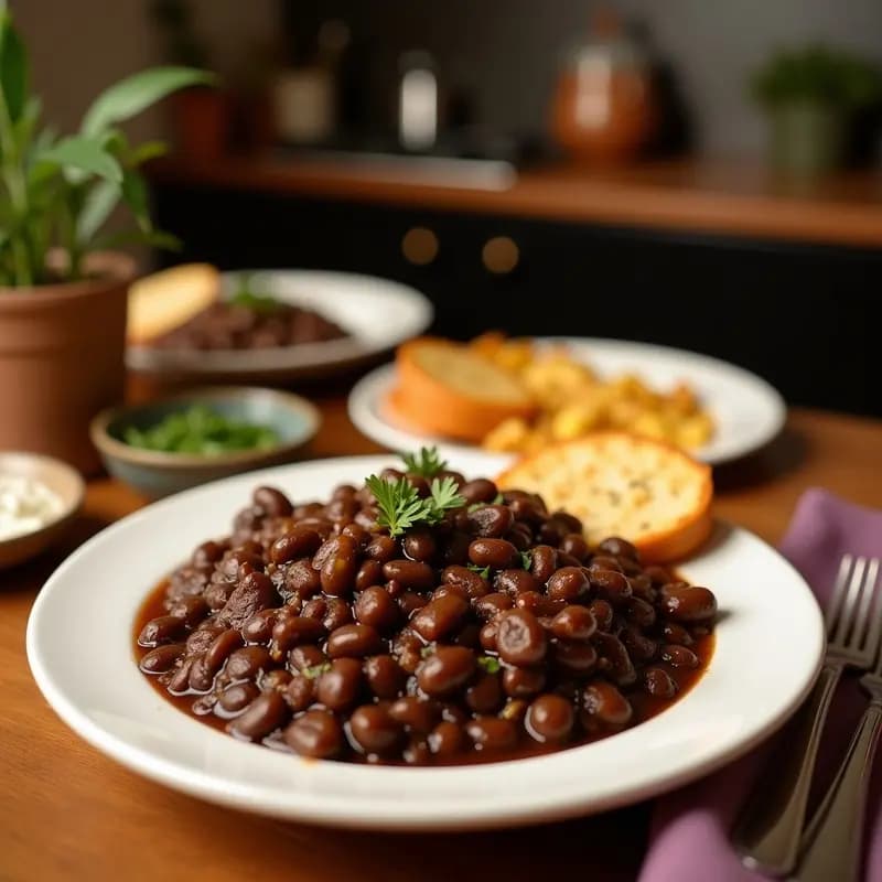 Olla exprés abierta mostrando una feijoada brasileña espesa de frijoles negros con trozos de costillas de cerdo ahumado y chorizo, garnizada con cilantro fresco, rodeada de arroz blanco y gajos de naranja agria sobre una mesa de madera rústica.