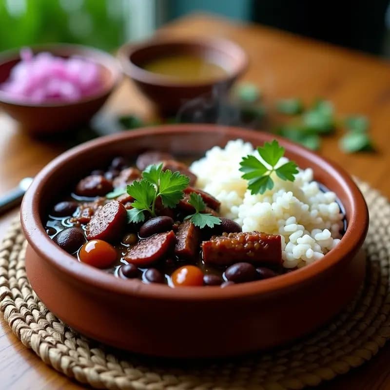 Plato hondo de barro con Feijoada Brasileira: estofado espeso de frijoles negros y trozos de cerdo, acompañado de arroz blanco esponjoso y vinagreta de cebolla morada. Decorado con hojas de cilantro fresco sobre fondo rústico de madera.