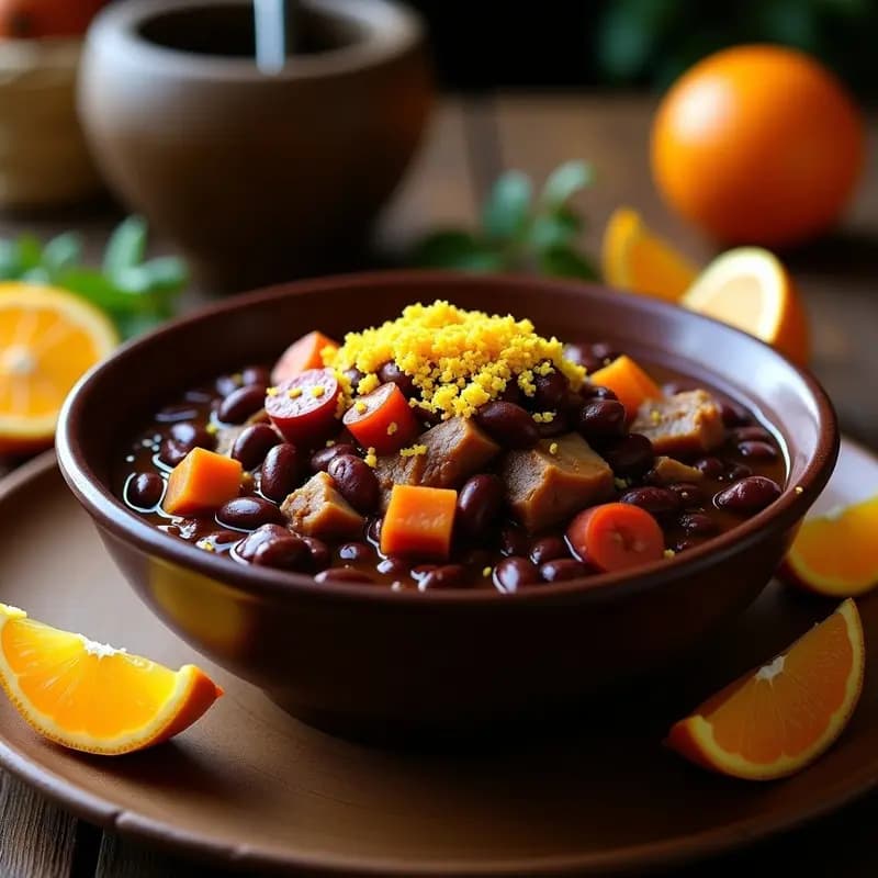 Plato hondo de barro oscuro repleto de feijoada brasileira con carne de cerdo, frijoles negros brillantes, trozos de costilla ahumada, chorizo y lomo, servido con farofa espolvoreada y gajos de naranja al lado. Fondos de cocina rústica brasileña.