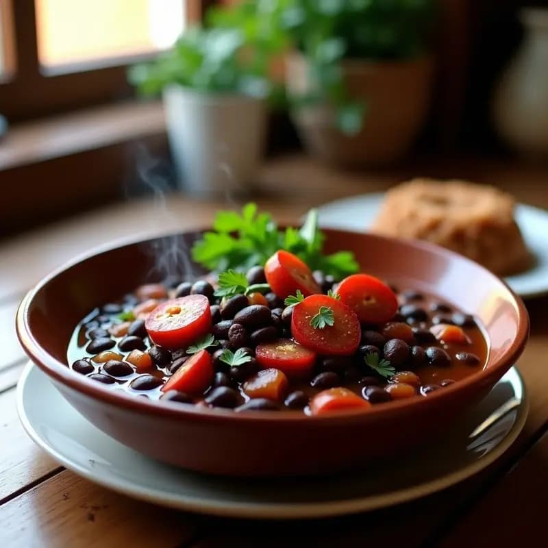 Plato hondo de barro con Feijoada Brasileira vegana: frijoles negros espesos, rodajas de chorizo vegano de remolacha, zanahoria y apio, decorado con ralladura de naranja y perejil fresco, servido con arroz integral al lado.