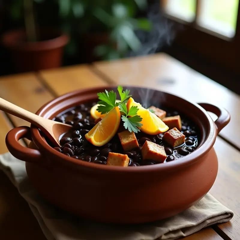 Olla de barro humeante con Feijoada Brasileira de frijoles negros brillantes, bañados en un caldo espeso y oscuro, decorada con gajos de naranja tostados y ramitas de tomillo fresco. Plato servido en cuenco de cerámica rústica sobre mesa de madera con pan de mandioca al lado.
