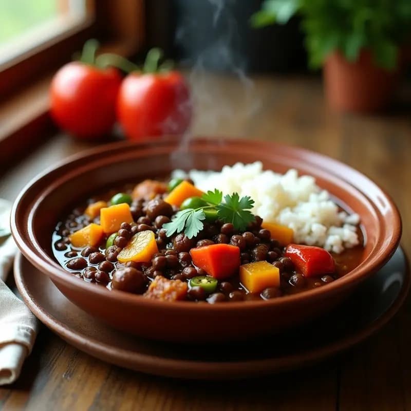 Olla de barro con feijoada brasileira vegana de lentejas, jalapeños y naranjas, servida con cilantro fresco y gajos de naranja alrededor. Plato humeante con textura cremosa y colores vibrantes.