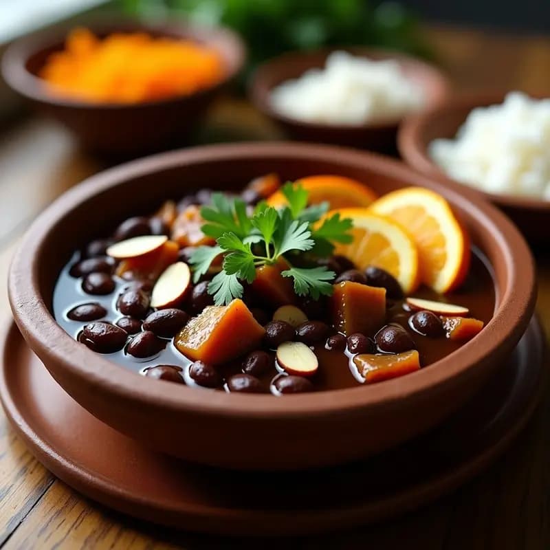 Plato hondo de barro con feijoada brasileira vegana, frijoles negros espesos, trozos de toxo dorado, gajos de naranja y cilantro fresco. Acompañado de arroz blanco y almendras fileteadas tostadas sobre la mesa.