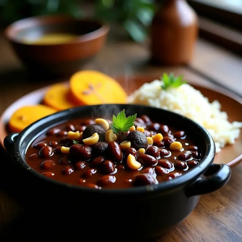 Olla de barro humeante con Feijoada Brasileira Vegana, estofado espeso de frijoles negros con setas shiitake, servido en un plato hondo de cerámica rústica. Acompañado de arroz integral y farofa crujiente, con decoración de rodajas de naranja y hojas de cilantro fresco.