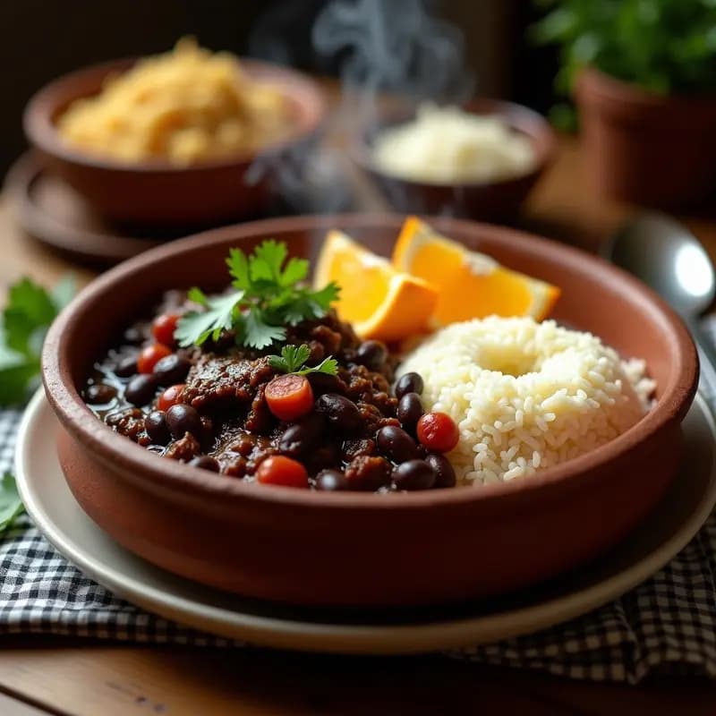 Plato hondo de barro con Feijoada Brasileña: estofado espeso de frijoles negros con trozos de costilla de cerdo, chorizo y tocino ahumado, acompañado de arroz blanco, cubos de calabaza asada y farofa dorada espolvoreada. Decorado con cilantro fresco sobre fondo rústico de madera.