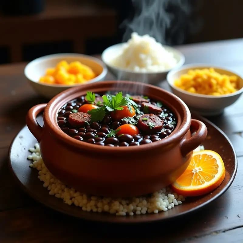 Cazuela de barro humeante con feijoada brasileña de carne de res y chorizo, servida sobre fondo rústico de madera con acompañamientos de arroz blanco, farofa dorada y gajos de naranja.