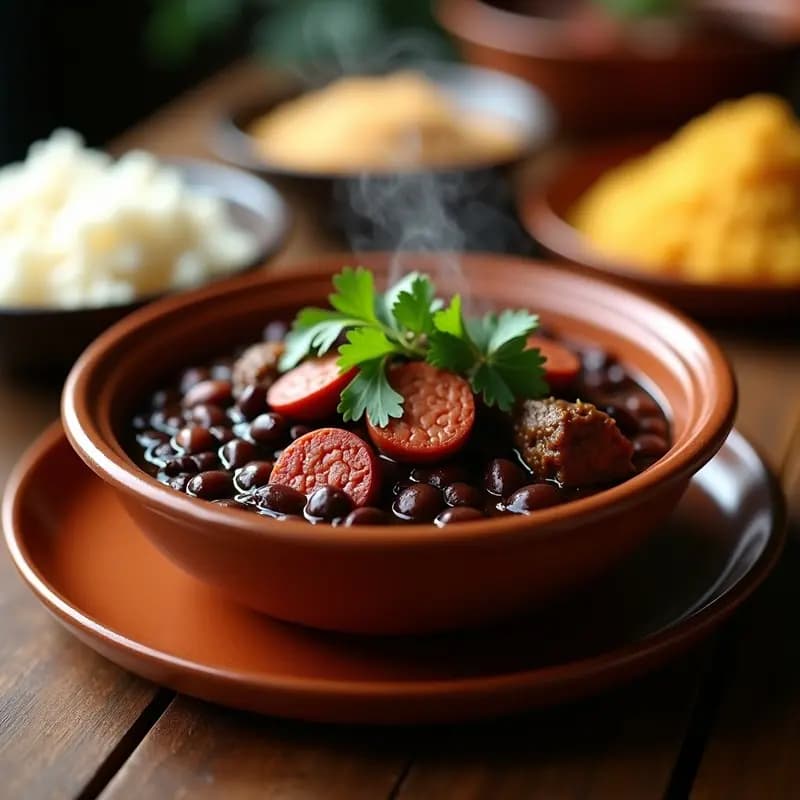 Olla lenta con feijoada brasilera humeante, frijoles negros espesos rodeados de trozos de carne de res y rodajas de chorizo, decorado con cilantro fresco y servido en plato de barro rústico.