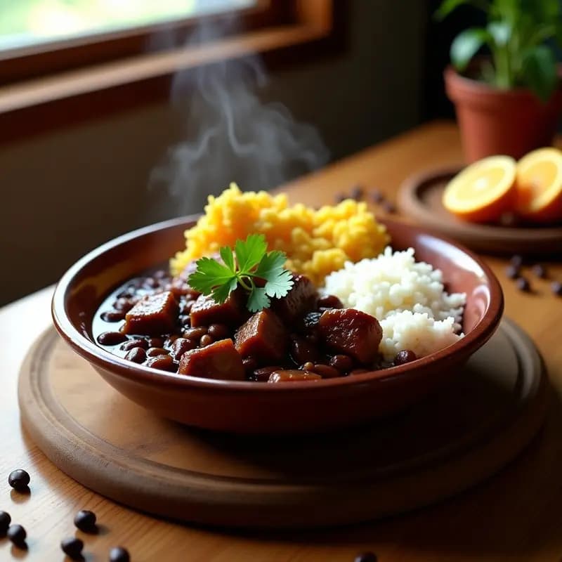 Olla exprés abierta mostrando un guiso espeso de feijoada brasileña con costillas de cerdo, frijoles negros, trozos de chorizo y panceta, decorado con cilantro fresco y acompañado de farofa de yuca y gajos de naranja.