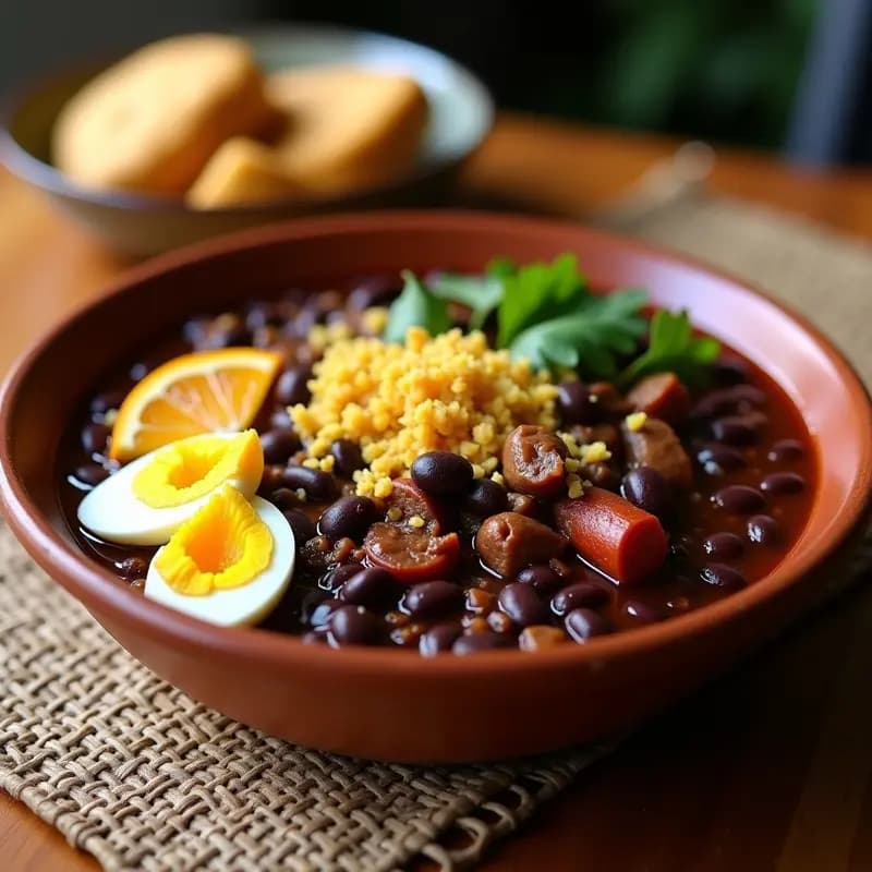 Plato hondo de barro con feijoada brasileña espesa de frijoles negros, trozos de carne de res y chorizo, acompañada de farofa de mandioca dorada y crujiente espolvoreada por encima, decorada con cilantro fresco. Receta alta en proteína y energía.