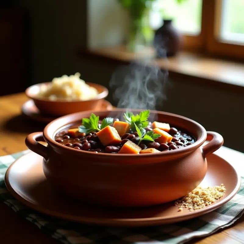 Olla de barro humeante con feijoada brasileña de frijoles negros y tofu dorado, decorada con cilantro fresco, acompañada de arroz integral y farofa crujiente. Plato tradicional vegano alto en proteína.