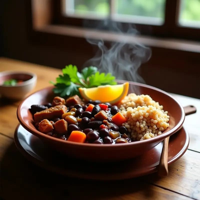 Plato hondo de barro con feijoada brasileña light: frijoles negros estofados con trozos de pechuga de pavo ahumada y chorizo de pavo, acompañados de arroz integral suelto y cilantro fresco picado. Decorado con gajos de naranja y servido sobre una mesa rústica de madera con mantel de lino.