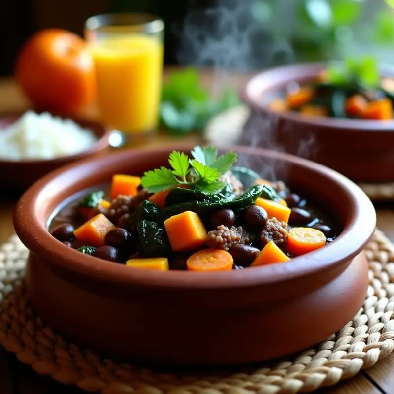 Plato hondo de barro con feijoada brasileña espesa, frijoles negros brillantes, trozos de carne de res jugosa, cubos de calabaza dorada, zanahoria y espinacas verdes. Decorado con cilantro fresco y servido con arroz blanco al lado. Receta de olla express reconfortante.
