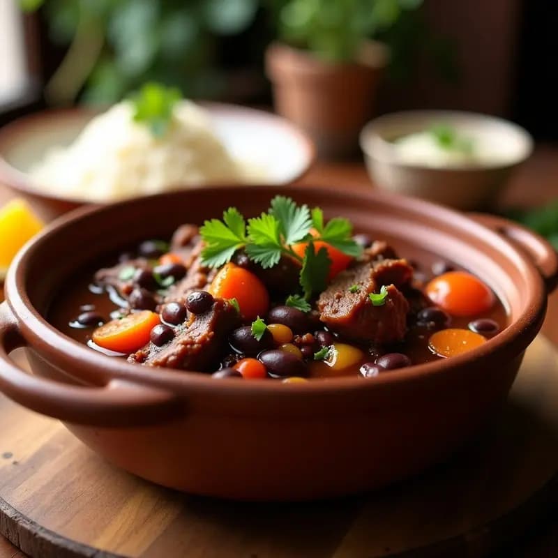 Plato hondo de barro con feijoada brasilerra contundente: frijoles negros cremosos, trozos de carne de res desmenuzada y verduras en un caldo espeso, decorado con cilantro fresco. Receta en olla exprés.