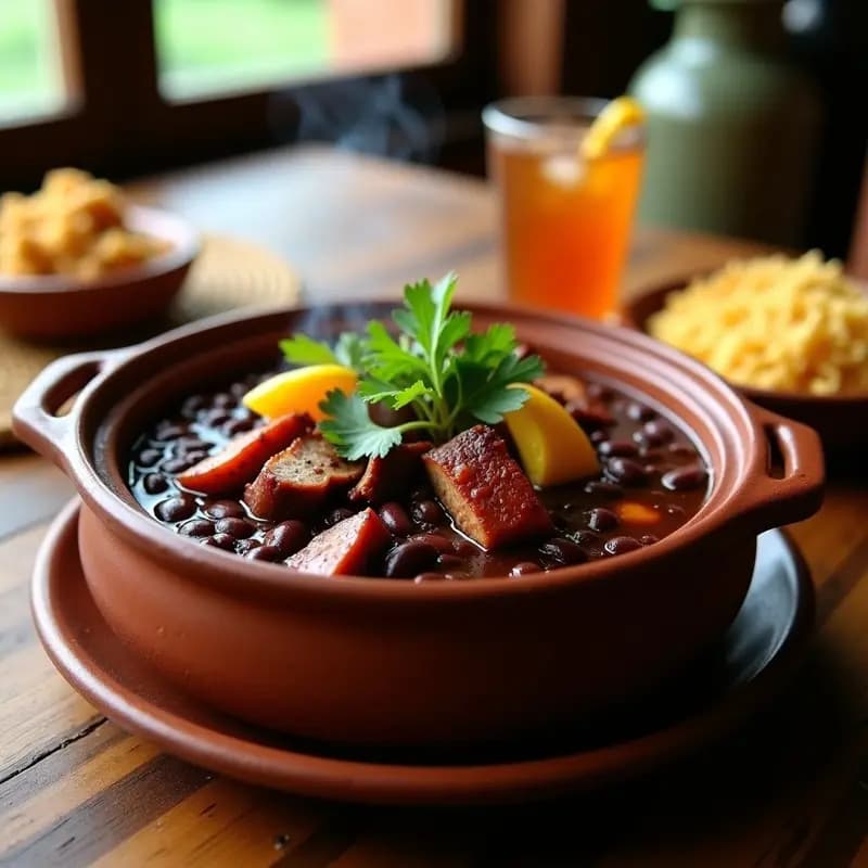 Olla de barro humeante con Feijoada Brasilera: estofado espeso de frijoles negros, trozos de costillas de cerdo, chorizo y lomo ahumado, bañado en un caldo oscuro con destellos cítricos. Acompañado de rodajas de naranja y cilantro fresco, servido en un plato hondo de cerámica rústica sobre una mesa de madera con farofa al lado.