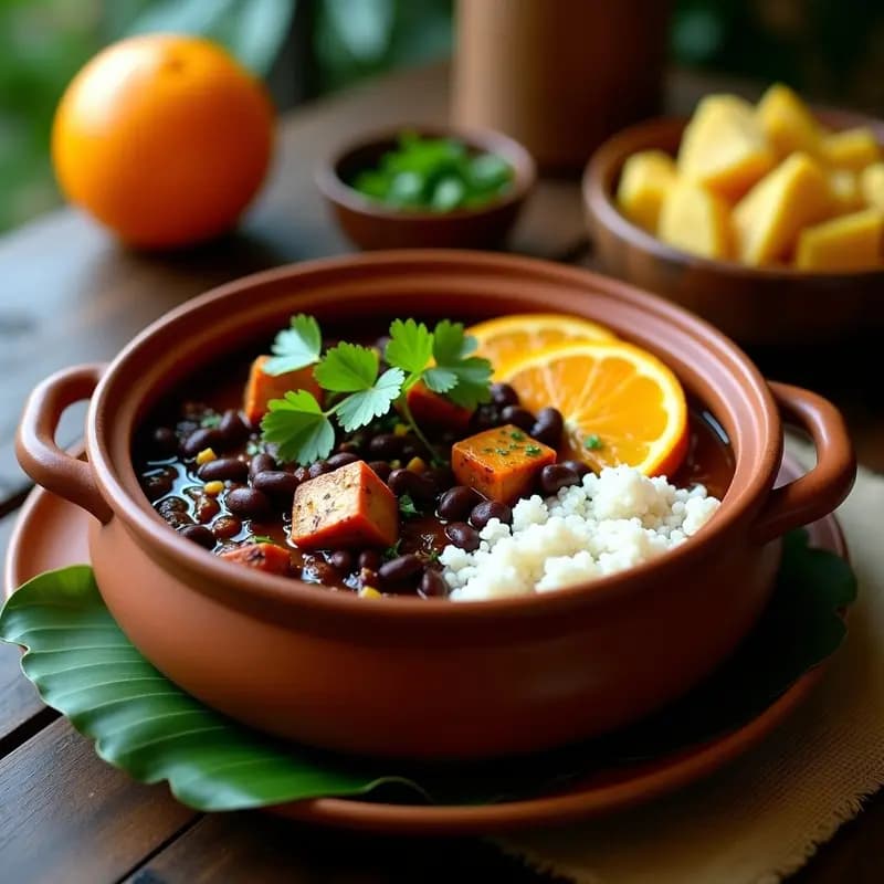 Plato hondo de barro con feijoada brasillera vegana: frijoles negros cremosos, cubos de tofu ahumado dorado, decorado con cilantro fresco y acompañado de arroz integral y col rizada salteada. Receta de cocido tropical brasileño.