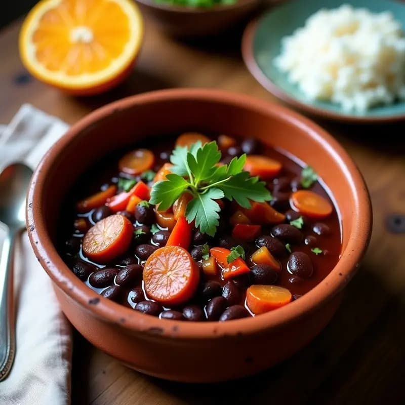 Plato hondo de barro con Feijoada Brasilera vegana, frijoles negros espesos, rodajas de chorizo vegano dorado, verduras sofritas y cilantro fresco. Acompañado de arroz blanco y una rodaja de naranja al lado. Foto en ángulo cenital con luz cálida.