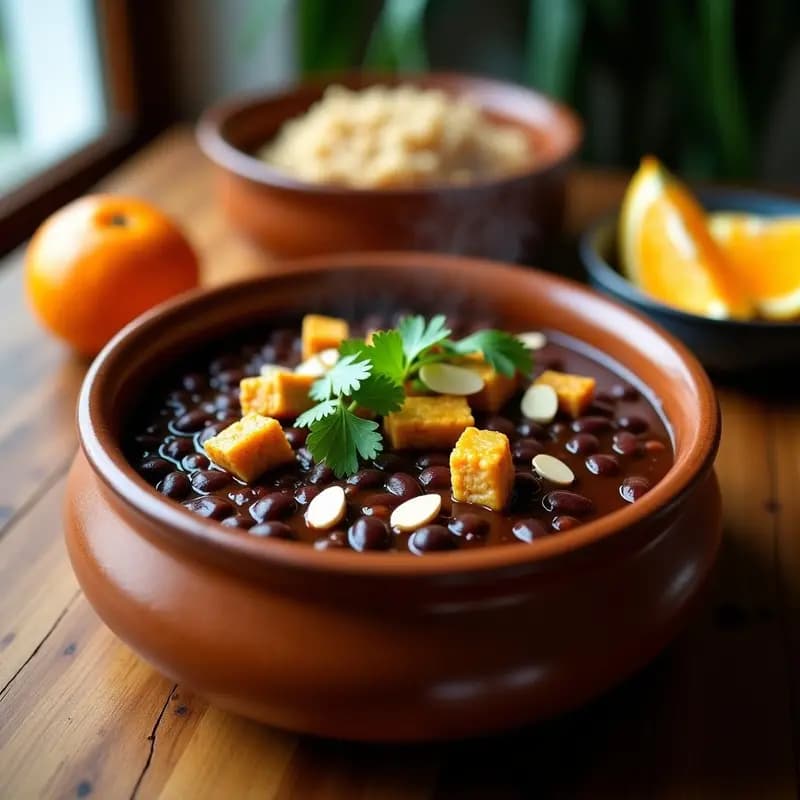 Plato hondo de barro con feijoada brasilera vegana: frijoles negros espesos con trozos de tofu dorado, almendras fileteadas y cilantro fresco, acompañada de gajos de naranja y arroz integral al lado.