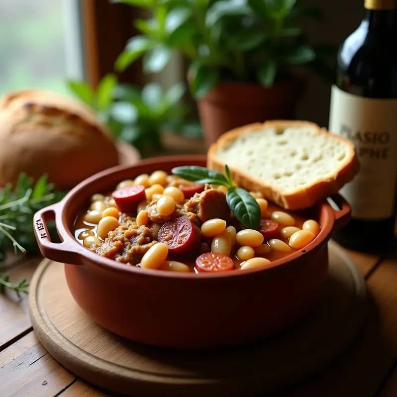 Olla de barro llena de Feijoada Bretónica, estofado francés con alubias blancas grandes, trozos de cerdo ahumado y morcilla de cebolla, servido en cuenco rústico con pan fresco al lado.