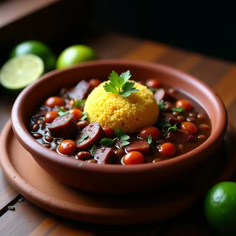 Plato hondo de barro con feijoada brasieña espesa, trozos de lomo de cerdo dorado y panceta ahumada, cubierto con farofa de yuca crujiente y cilantro fresco. Fondo rústico con pan de yuca al lado.