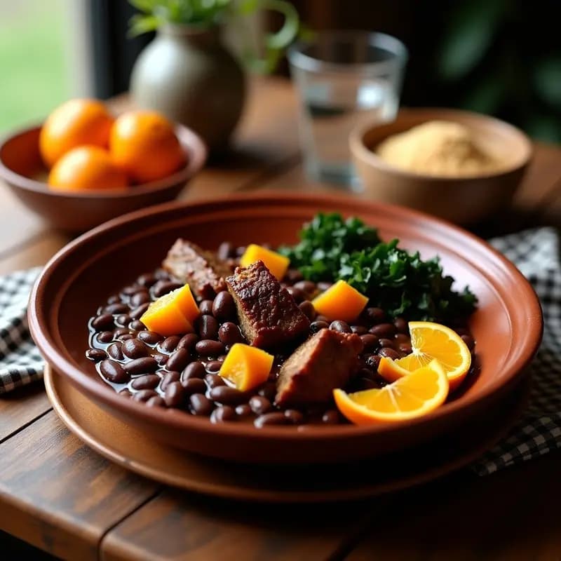 Olla lenta negra con feijoada brasileña humeante, costillas de cerdo ahumadas, frijoles negros brillantes, cubos de calabaza moranga y hojas de kale verdes. Acompañada de rodajas de naranja y arroz blanco en un plato rústico de barro.