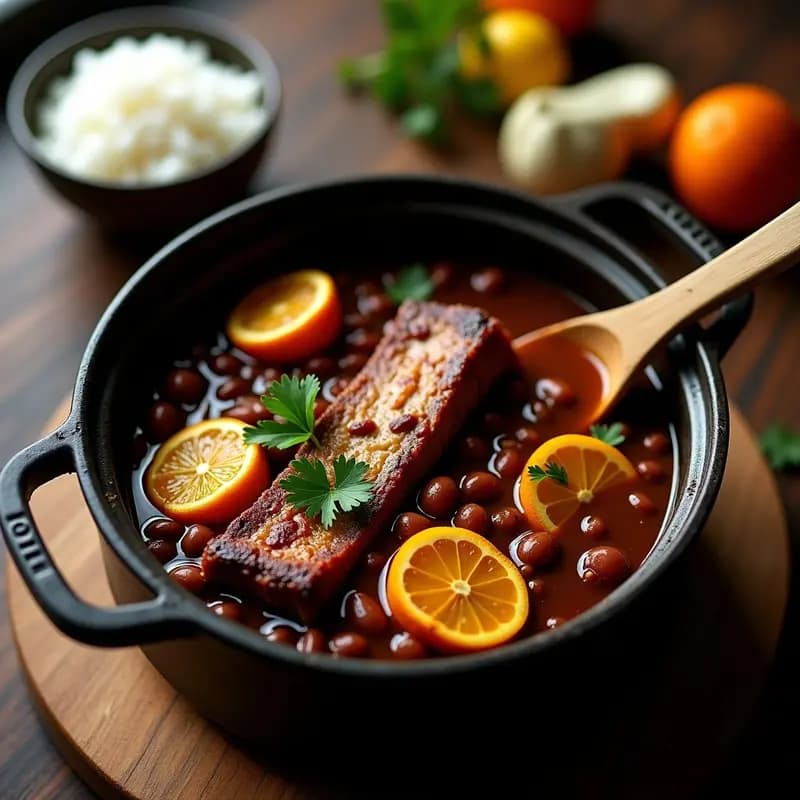 Olla exprés abierta mostrando un estofado espeso de Feijoada Brasileira con costillas de cerdo doradas, frijoles negros brillantes y gajos de naranja asados. Acompañado de arroz blanco y decorado con perejil fresco sobre fondo de madera rústica.