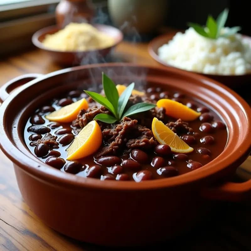 Olla lenta abierta mostrando una feijoada brasileña espesa con frijoes negros brillantes y trozos de carne secada desmenuzada, decorada con hojas de laurel y rodajas de naranja. Plato tradicional para ocasiones especiales.