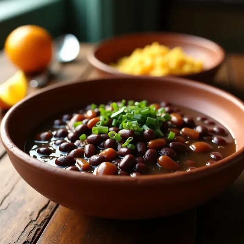 Plato hondo de barro con feijoada decebolinha, frijoles negros y blancos en salsa espesa con cebollino fresco, acompañada de farofa dorada con trozos de plátano maduro y huevo. Receta brasileña festiva.