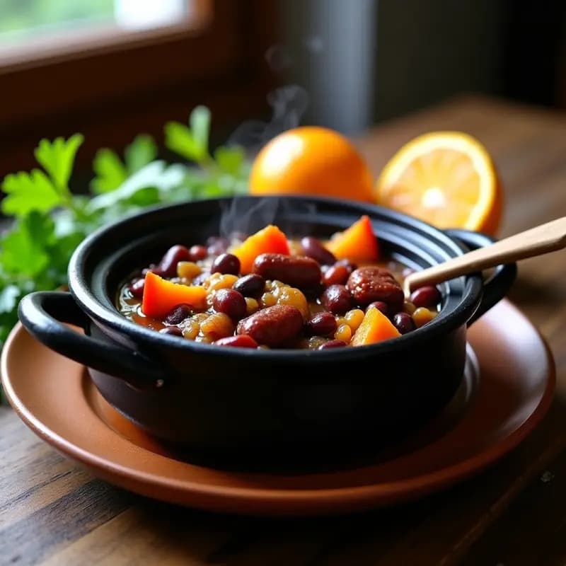 Olla de barro humeante con Feijoada de Frijoles Negros con Chorizo Vegano, estofado brasileño sin carne, servido con arroz blanco y rodajas de naranja. Plato tradicional reinventado en versión vegana, con textura cremosa y colores vibrantes.