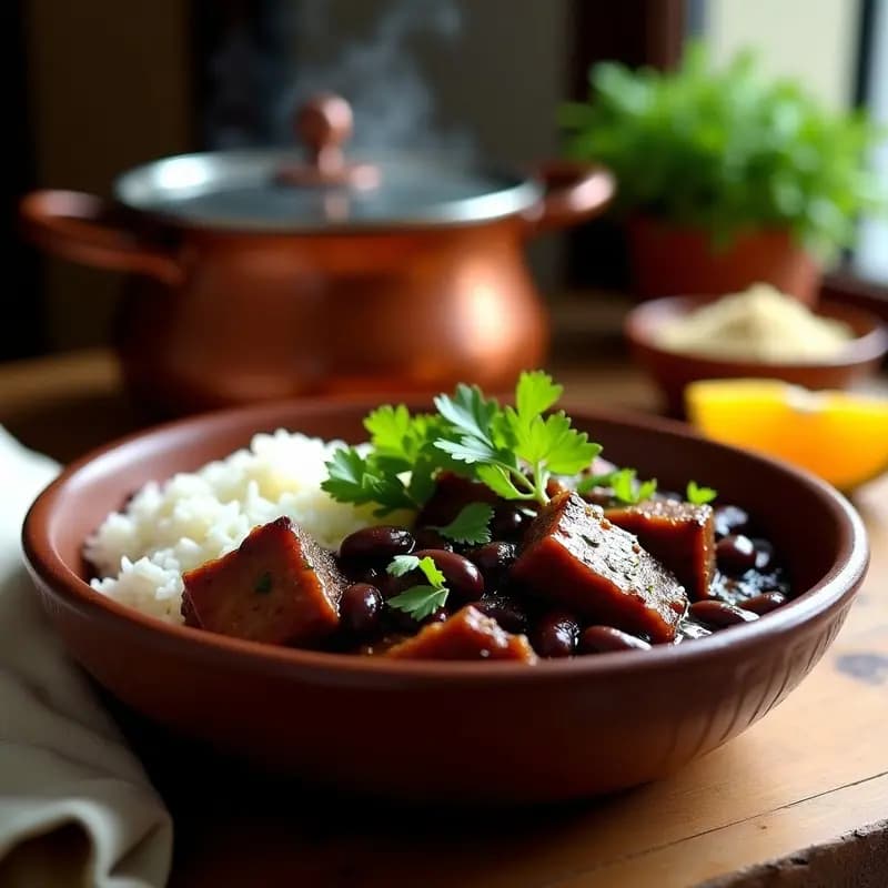 Olla express abierta mostrando una feijoada brasileña espesa de frijoles negros con trozos de costillas de cerdo ahumadas, decorada con cilantro fresco y acompañada de arroz blanco y rodajas de naranja en un plato rústico de barro.