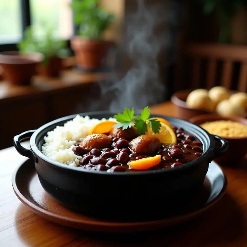 Olla negra de barro con feijoada brasileña vegana: estofado espeso de frijoles negros, trozos de seitán dorado, rodajas de naranja y cilantro fresco. Acompañada de arroz blanco y farofa de yuca tostada sobre una mesa rústica de madera.
