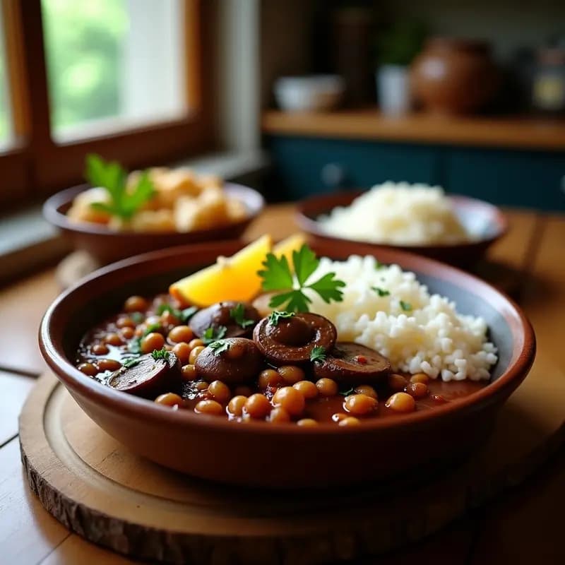 Plato hondo de barro con feijoada vegana de garbanzos y setas Portobello en salsa espesa oscura, decorado con perejil fresco y acompañado de arroz blanco y rodajas de naranja. Receta brasileña tradicional adaptada en olla express.