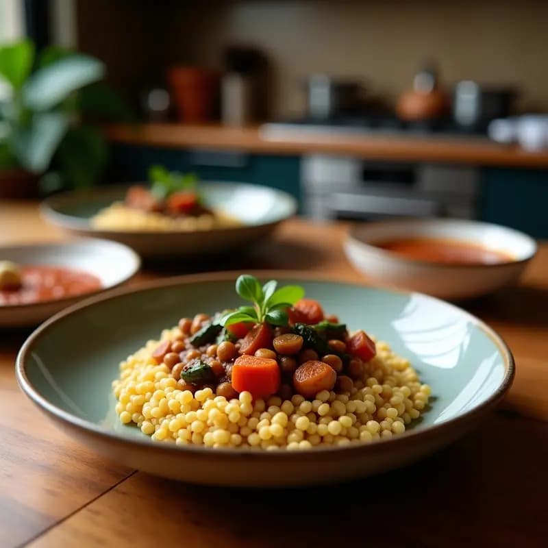 Feijoada vegana brasileña servida en plato hondo de barro, con garbanzos estofados en salsa oscura, calabaza asada en cubos, col rizada verde y farofa dorada espolvoreada. Acompañada de gajos de naranja y cilantro fresco. Toque ahumado visible en el color intenso de la salsa.