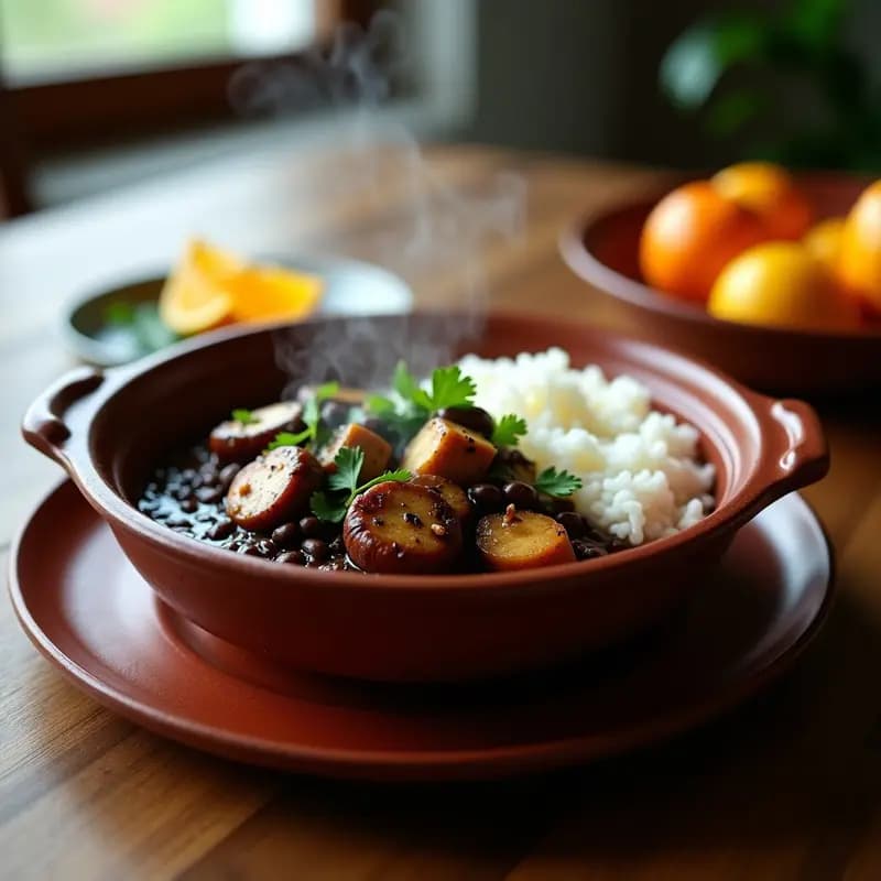 Plato hondo de barro con Feijoada Brasileña de Hongos Portobello, trozos de tofu ahumado y frijoles negros en salsa espesa, acompañada de arroz blanco y rodajas de naranja. Decorada con cilantro fresco y algas nori.