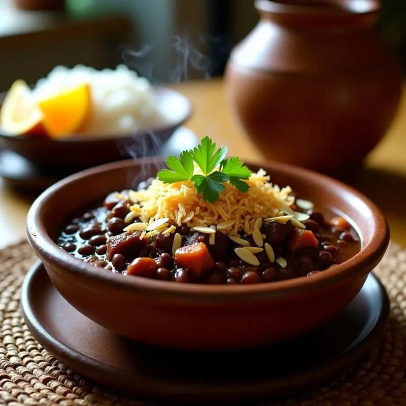 Plato hondo de barro con feijoada vegana espesa de jackfruit y frijol negro, acompañada de farofa de mandioca dorada y cilantro fresco. Receta brasileña tradicional adaptada.