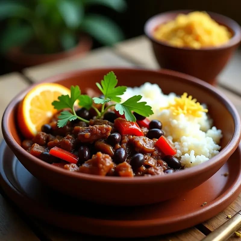 Plato hondo de barro con feijoada de jackfruit ahumado vegana y sin gluten, servida con arroz blanco y espolvoreada con cilantro fresco. Los frijoles negros y el jackfruit desmenuzado se ven jugosos, rodeados de un caldo espeso y oscuro. Al fondo, una rodaja de naranja y farofa de mandioca completan la presentación brasileña.
