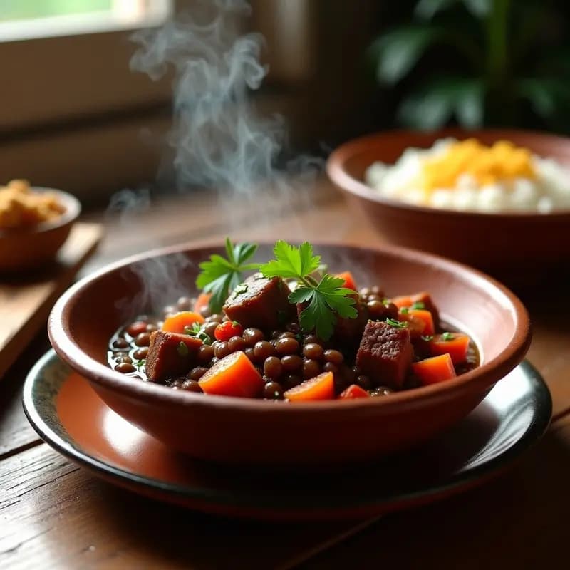 Plato hondo de barro con feijoada vegana de lentejas y seitan, estofado espeso con trozos de seitán dorado, zanahorias y perejil fresco. Acompañado de arroz blanco y farofa, típico de la cocina brasileña.