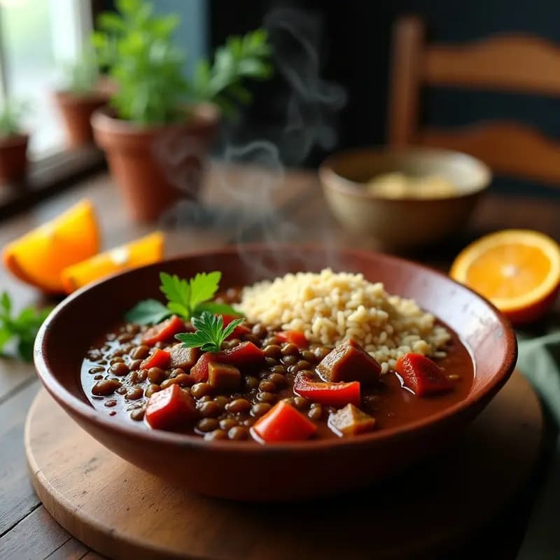 Plato hondo de barro con feijoada brasileña vegana de lentejas pardinas y tofu ahumado dorado, servida con arroz integral y rodajas de naranja. Estofado espeso con salsa oscura y trozos de verduras, decorado con perejil fresco.