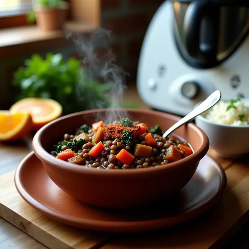 Thermomix con feijoada brasileña vegana de lentejas pardinas y verduras, servida en bowl de barro con toque ahumado, acompañada de arroz blanco y gajos de naranja.
