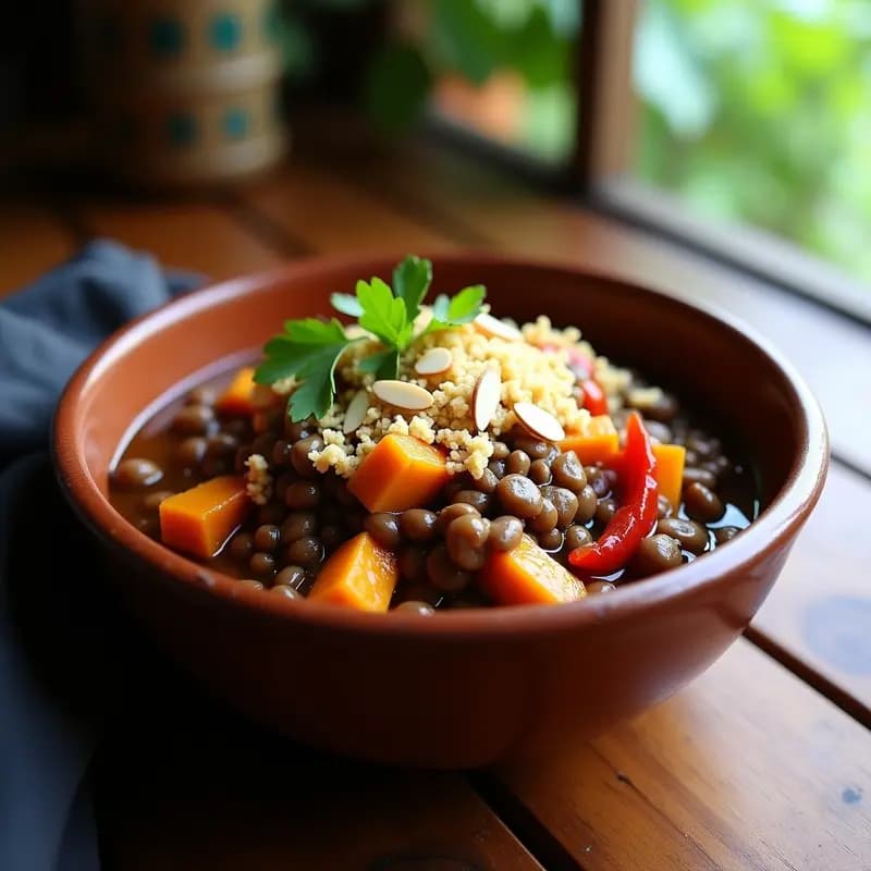 Plato hondo de barro con feijoada de lentejas y verduras vegana, acompañada de farofa de mandioca dorada y crujiente, decorada con cilantro fresco. Estofado brasileño reconfortante y alto en proteína.
