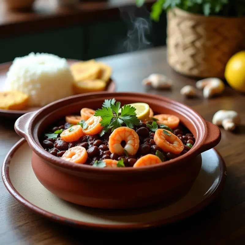 Olla de barro humeante con Feijoada de Mariscos, frijoles negros espesos mezclados con camarones rosados y calamares tiernos, decorada con cilantro fresco y rodajas de limón, acompañada de arroz blanco y farofa dorada.