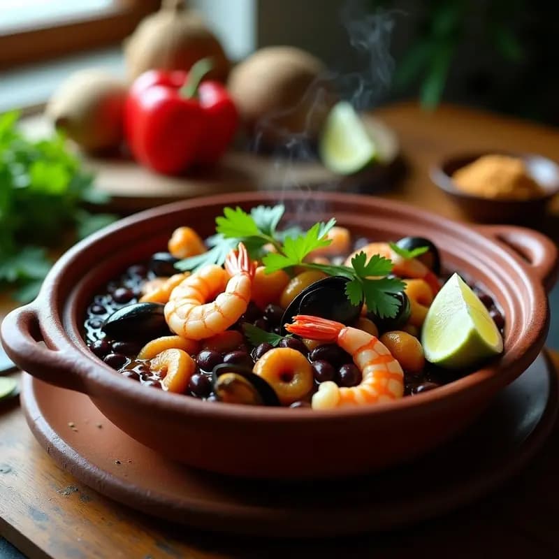 Olla de barro humeante con Feijoada de Mariscos, estofado brasileño con frijoles negros, langostinos, mejillones y calamares en una salsa espesa de tamarindo y cacahuete, decorado con cilantro fresco y rodajas de limón.