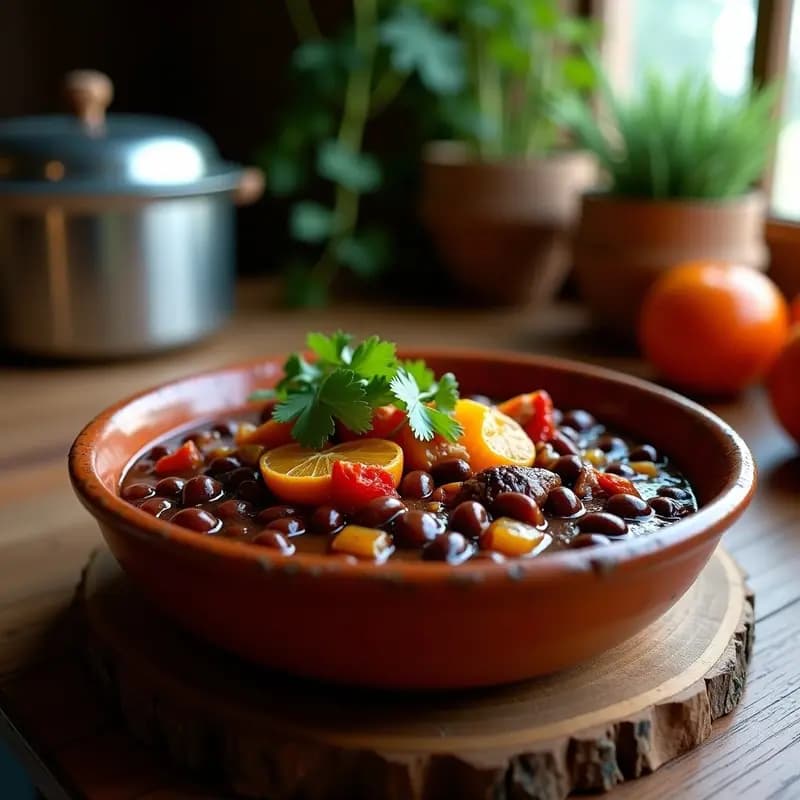 Plato hondo de barro con Feijoada Brasileña vegana: frijoes negros estofados en caldo espeso, trozos de chorizo vegano dorado, decorado con rodajas de naranja y cilantro fresco. Fondos de cocina rústica y olla exprés al lado.