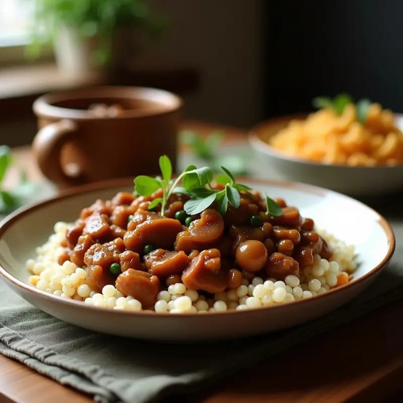 Olla de barro humeante con feijoada brésilienne vegana: estofado negro espeso de frijoles negros y jackfruit desmenuzado, acompañado de batata dulce asada y perejil fresco picado. Plato tradicional brasileño en versión vegana, servido con arroz blanco al lado.