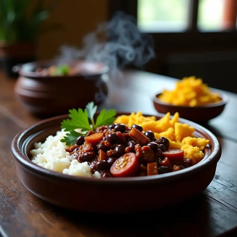 Olla de barro humeante con feijoada vegana brasileña, llena de frijoles negros, trozos de jackfruit desmenuzado y chorizo de soja, servida en un plato hondo de cerámica rústica con arroz blanco, farofa crujiente y cilantro fresco. fondo de madera oscura.