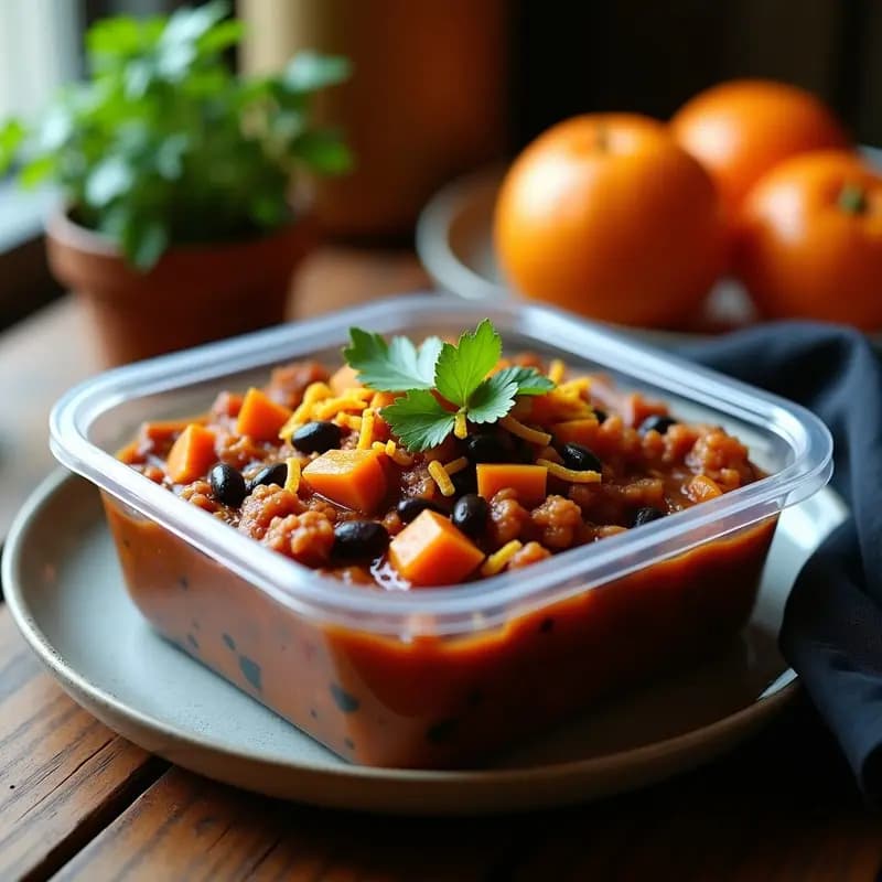 Feijoada brasileña vegana con jackfruit desmenuzado, frijoles negros y lentejas en un tupper de vidrio transparente, decorada con cilantro fresco y acompañada de rodajas de naranja. Plato oscuro y humeante con textura melosa.
