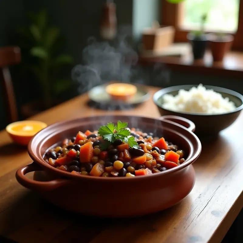 Olla de barro humeante con Feijoada brasileña Vegana con Jackfruit, estofado oscuro y espeso con trozos de jackfruit desmenuzado, frijoles negros y verduras, servido en un plato hondo de cerámica con arroz blanco y rodajas de naranja al lado.