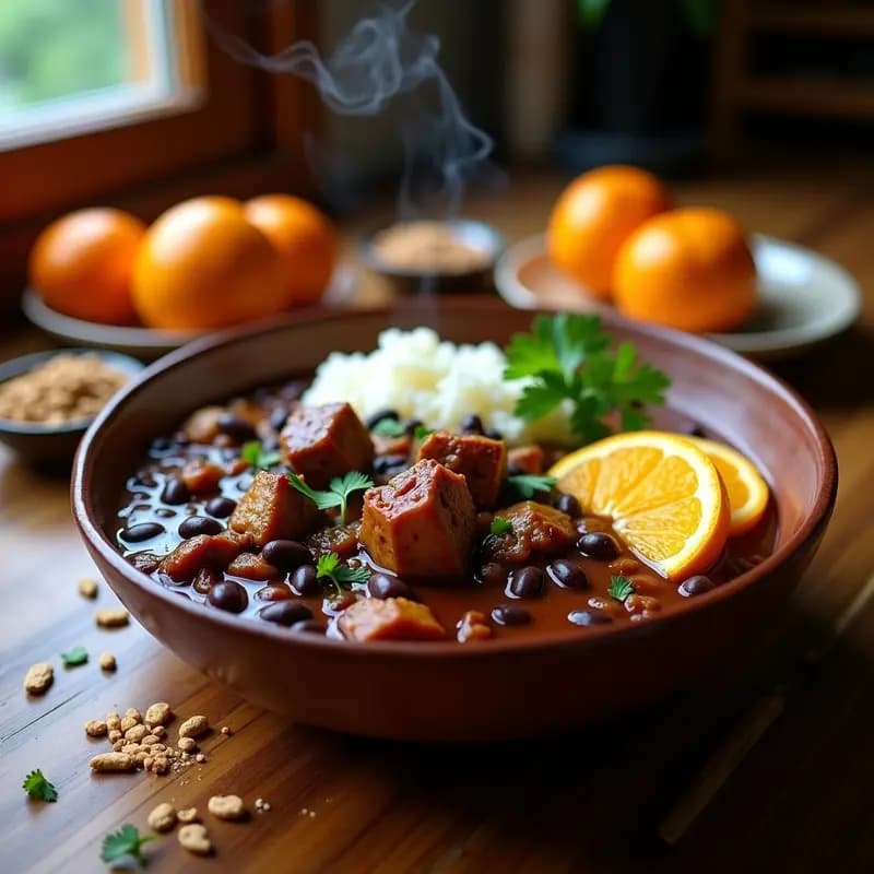 Plato hondo de barro con feijoada brasileña vegana: frijoles negros cremosos, trozos dorados de seitán, tiras de cáscara de naranja y cilantro fresco. Acompañado de arroz blanco y rodajas de naranja amarga. Receta contundente en olla exprés.