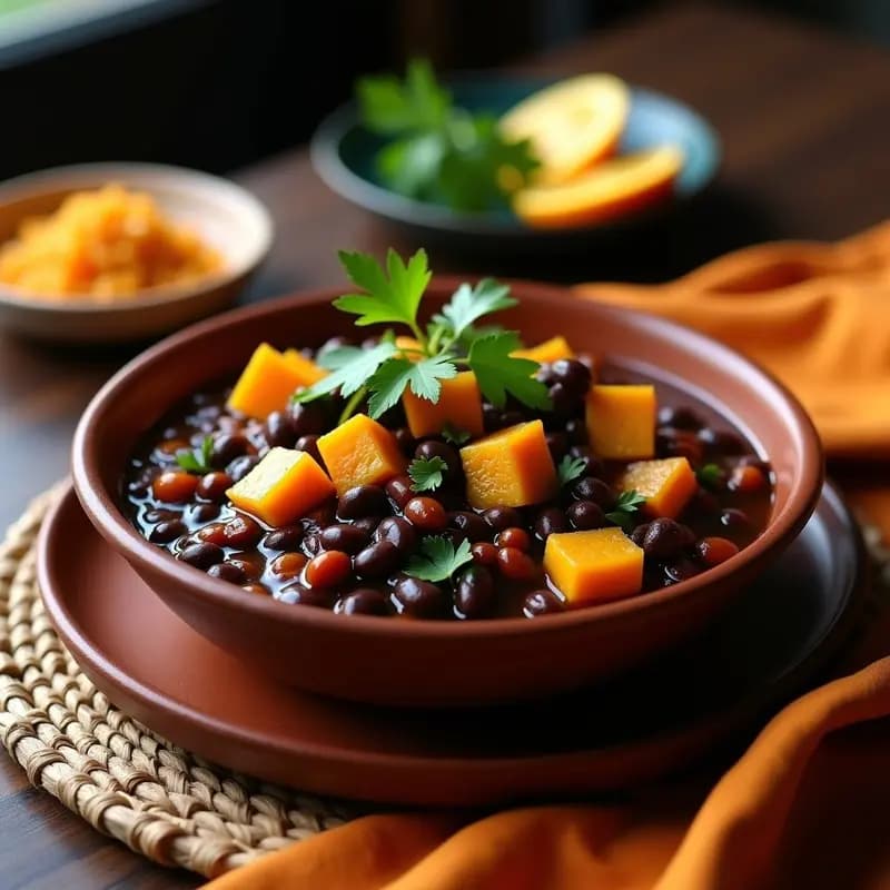 Bowl de barro rústico lleno de feijoada brasileña vegetariana: guiso espeso de frijoles negros con trozos de calabaza asada dorada y tofu crujiente dorado. Decorado con cilantro fresco y rodajas de naranja, sobre un fondo de madera oscura con textiles brasileños.